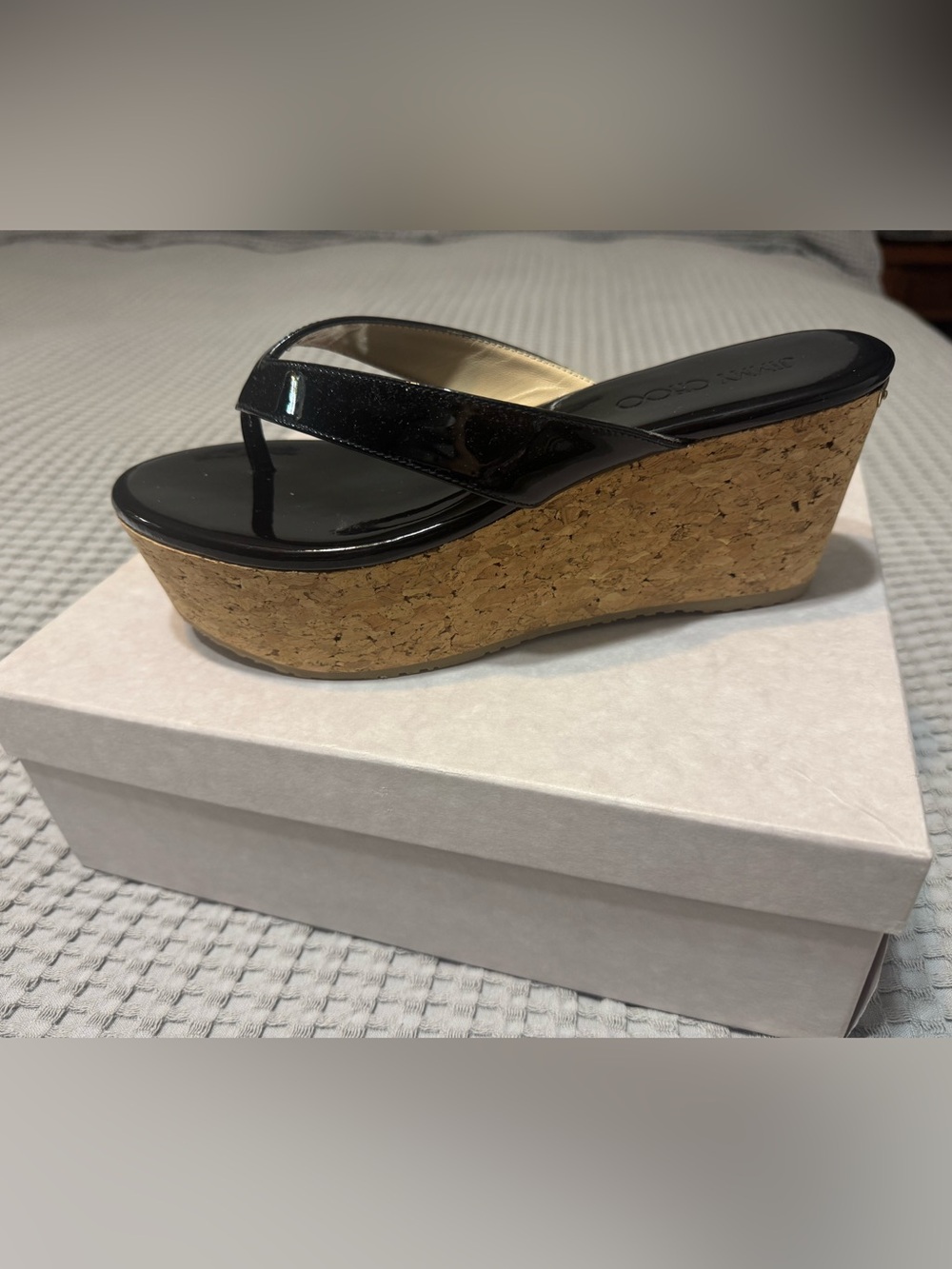 New in Box Jimmy Choo Paque 70 Black Patent Leather Cork Wedge Sandals – EU 39.”